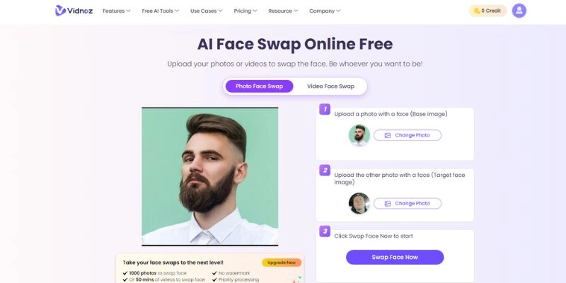 最佳的AI鬍鬚濾鏡Vidnoz換臉程式 上載換臉照片