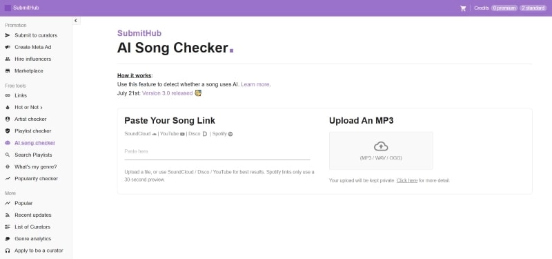 進入 SubmitHub AI Song Checker