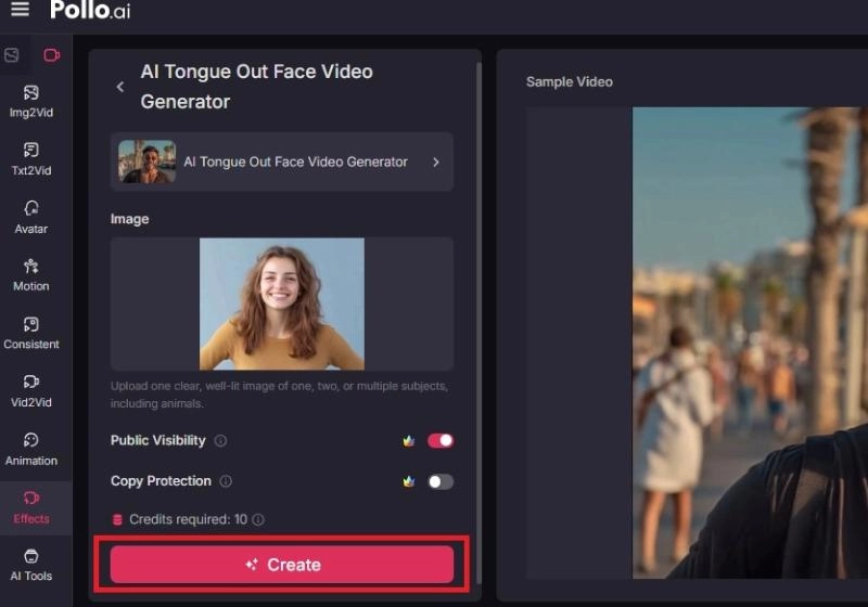 Pollo AI中用於生成AI吐舌內容的“創建”按鈕