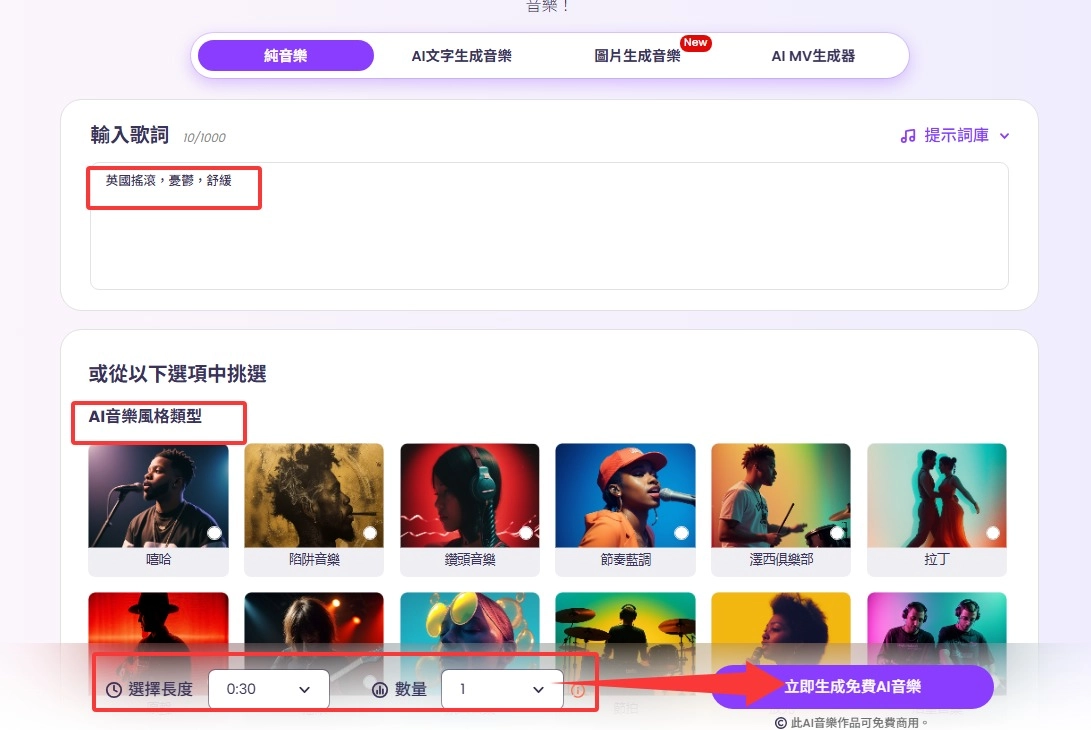 AI 音樂生成器純音樂模式中的自訂選項