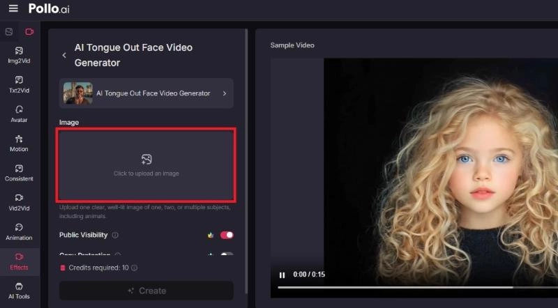 在Pollo AI中上傳圖像以製作AI吐舌片段