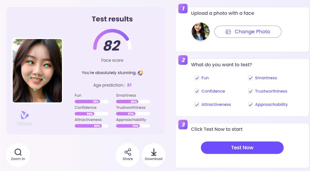 Vidnoz Attractiveness Test 顏值測試結果