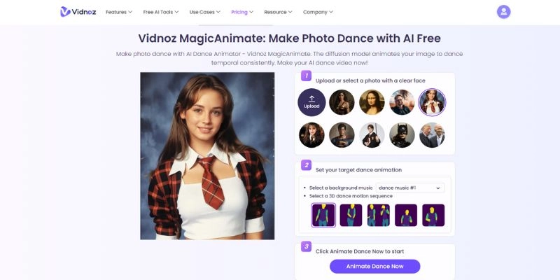 Vidnoz MagicAnimate免費AI在線動態照片製作器